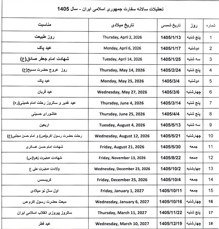 ایام تعطیل سال 1405